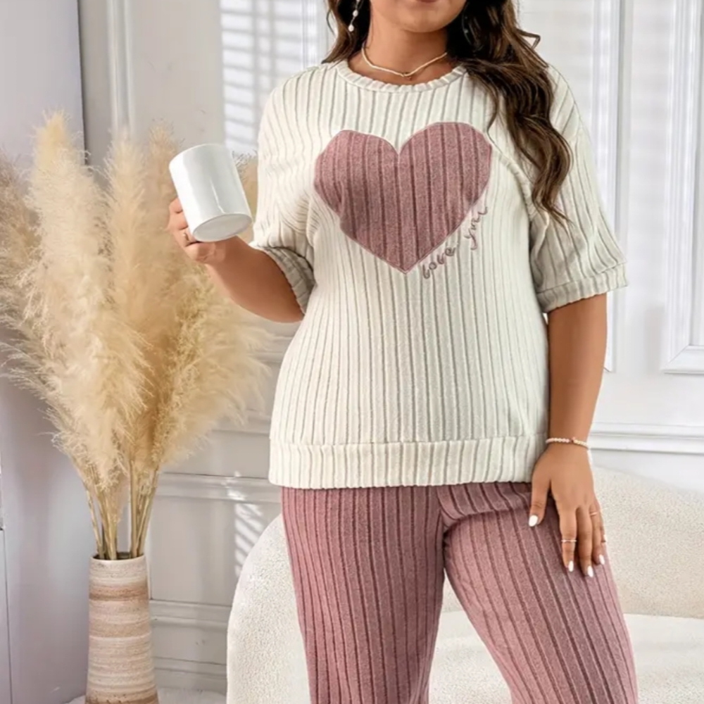 2pcs Soft Fleece Sweet Heart Embroidery Pajama Set, Autumn/Winter